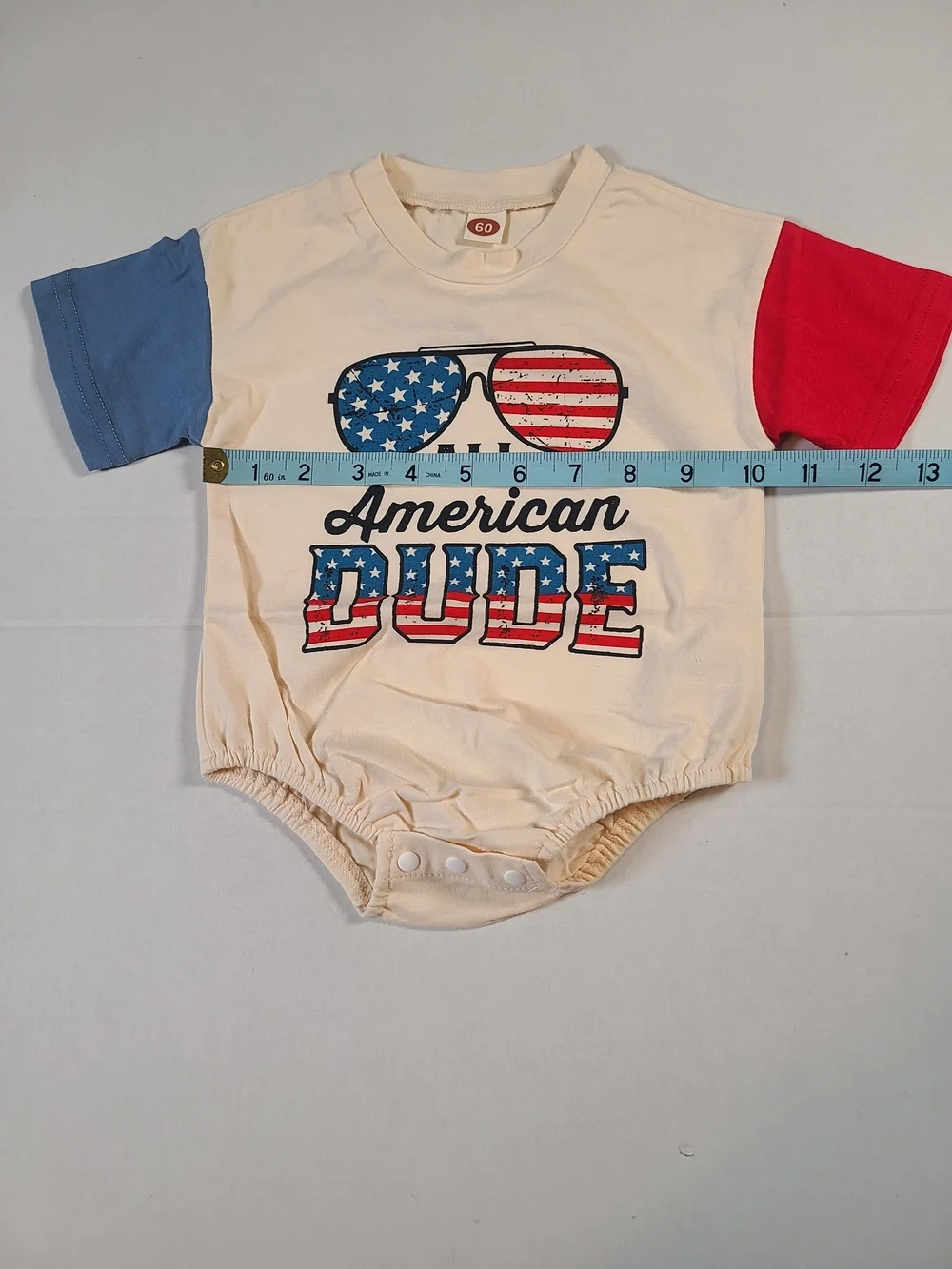 All American Dude Beige Cute One-Piece with Red & Blue Sleeves Size 0-3 Months